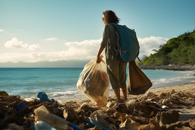 EcoActivist limpando lixo de praia tropical