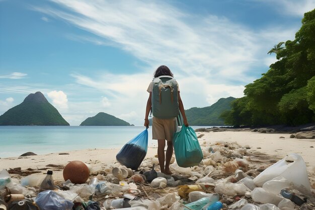 EcoActivista limpiando basura de playas tropicales