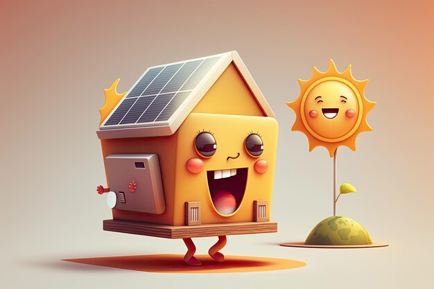 Foto ecohouse colorida sobre fundo colorido conceito de energia renovável casa com painéis solares no telhado generative ai