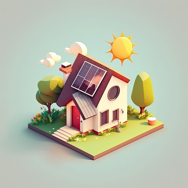 Ecohouse colorida sobre fundo colorido conceito de energia renovável casa com painéis solares no telhado generative ai