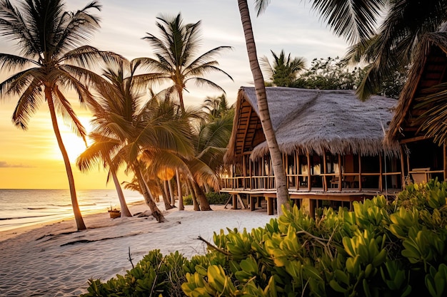 Ecolodge o casa ecolodge con palmeras vista al mar y playa concepto de ecoturismo Generativo ai