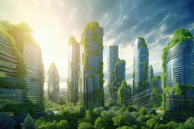 Ecologia amigável futurista mega edifícios e torres cidade de ambiente verde Generative AI