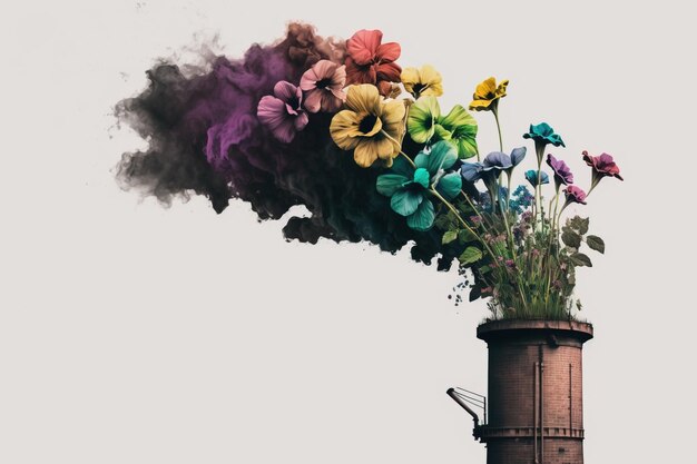 Ecología contaminación humo de una pipa con flores fondo blanco AI generado