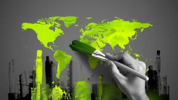 Ecología Reducción de CO2 Una mano con un pincel pinta el mapa del mundo de verde Collaje de arte minimalista