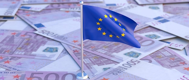 Economia da UE Bandeira da União Europeia na ilustração 3d de fundo de quinhentos euros