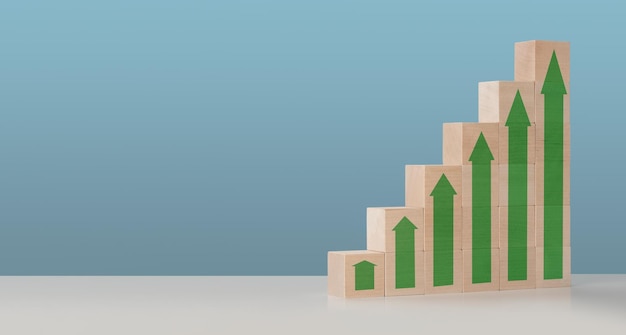 Economia de crescimento Alvo de investimento e conceito de crescimento de negócios Plano de carreira de escada para conceito de processo de sucesso de crescimento de negócios Empilhamento de blocos de madeira como escada com seta para cima