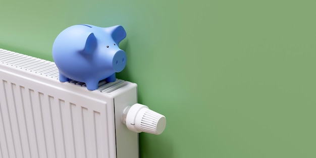 Foto economia de custos de aquecimento piggy bank no radiador de aquecimento interior da sala da casa quente