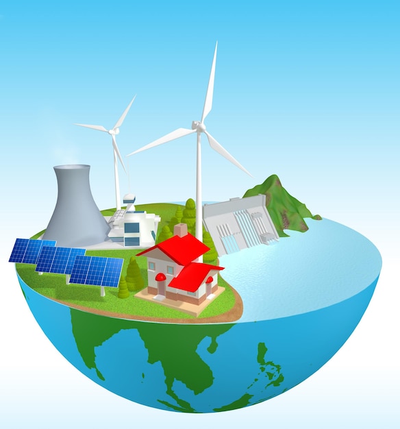 Economia de energia Use energia natural, ame o mundo, proteja o ambiente ilustração 3d