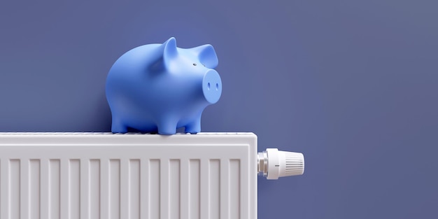 Foto economia em custos de energia no inverno piggy bank no aquecimento radiador fundo de parede azul