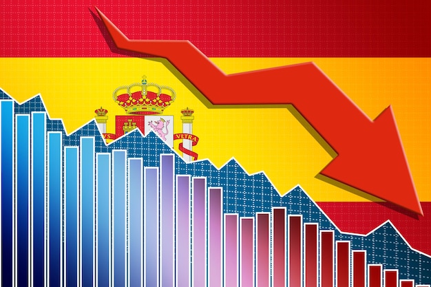 Economía de España cayendo con flecha y bandera