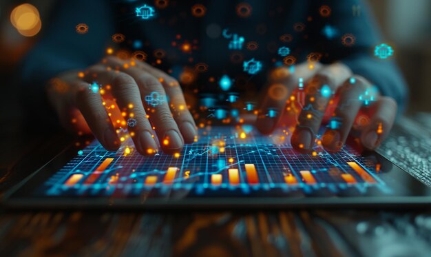 Economía de la tableta Primer plano de las manos