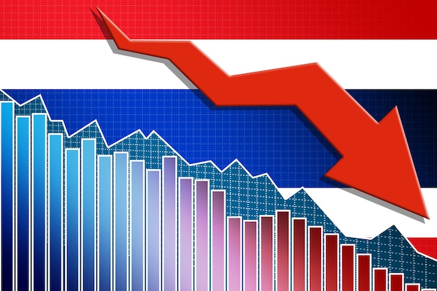 Economía de Tailandia cayendo con flecha y bandera