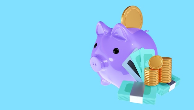 Economizando o conceito de dinheiro. Transferência de dinheiro para o cofrinho. Ilustração 3D