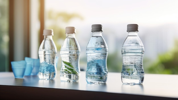 Foto ecorefresh closeup de botellas de plástico con agua potable pura en una mesa que destaca la vida sostenible y la conciencia ambiental