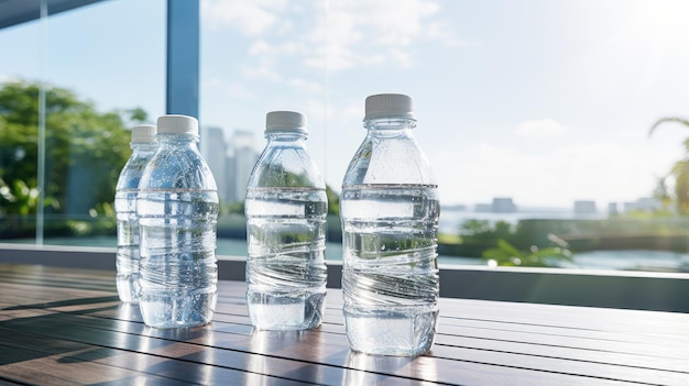 Ecorefresh Closeup de botellas de plástico con agua potable pura en una mesa que destaca la vida sostenible y la conciencia ambiental