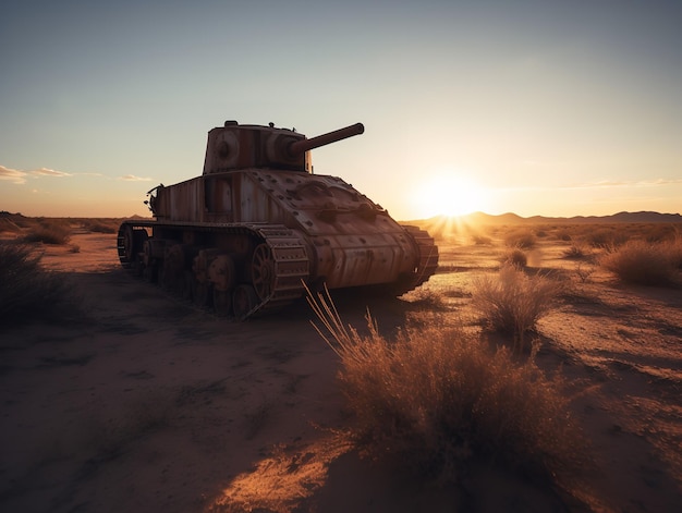 Ecos del conflicto Tanque abandonado en el desierto