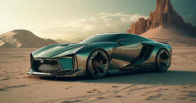 Los ecos del oasis futurista revelan el Nissan GTR de ciencia ficción verde oscuro adornado con metales blancos