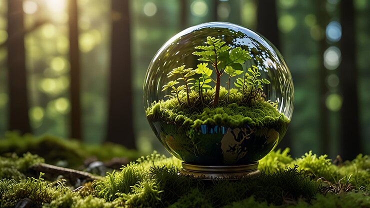 Un ecosistema en miniatura del mundo del terrario en una esfera de vidrio