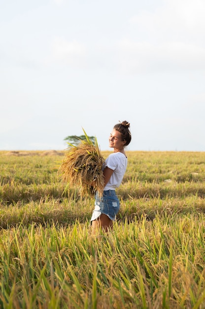 Ecoturismo o trabajo diario. Granjero feliz durante la cosecha en el campo de arroz