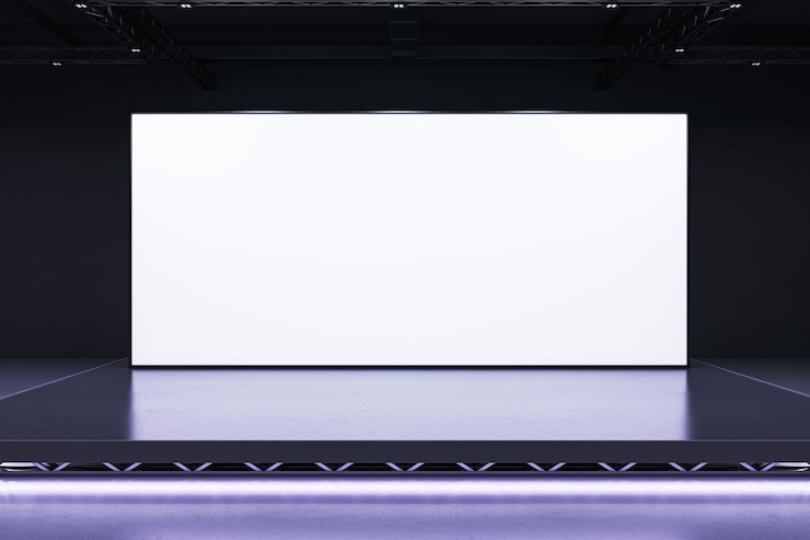 Foto ecrã branco em branco no palco com interior escuro e configuração de iluminação moderna perfeita para apresentações ou exibições de negócios rendering 3d