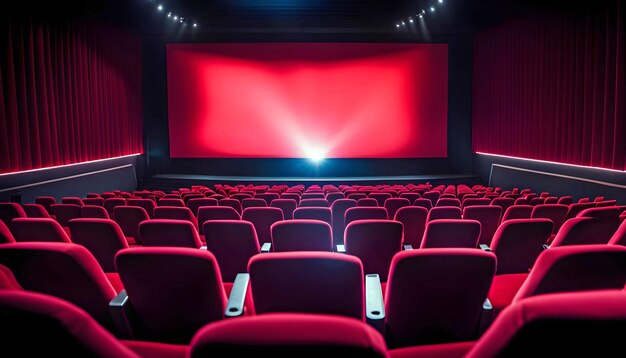 Ecrã de cinema vazio e pessoas em cadeiras no conceito de sala de cinema para a estréia de um novo