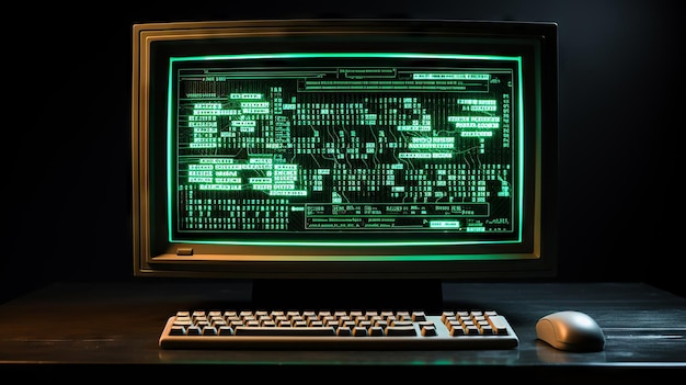 Foto ecrã de computador vintage com código verde clássico em um fundo preto um aceno para os primeiros dias de programação