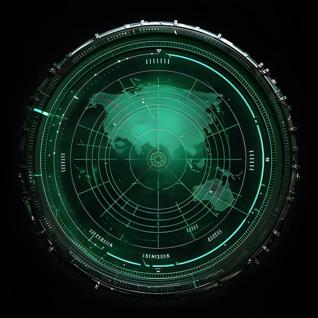 ecrã de radar verde com mapa do mundo em fundo escuro