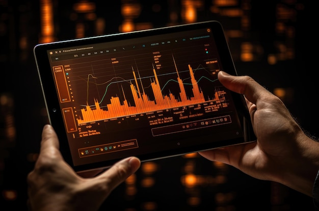 Ecrã de tablet exibindo dados do mercado de ações em um conceito de tecnologia futurista