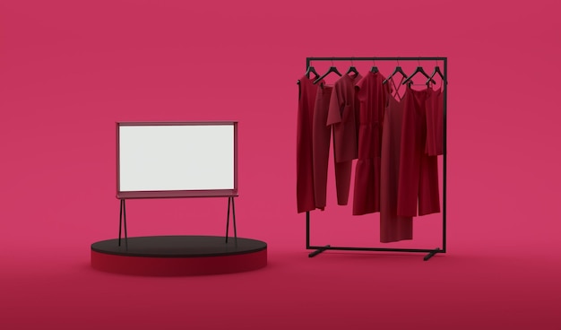 Foto ecrã de televisão moderna ou monitor de televisão em fundo preto-vermelho estilo minimalista marketing digital