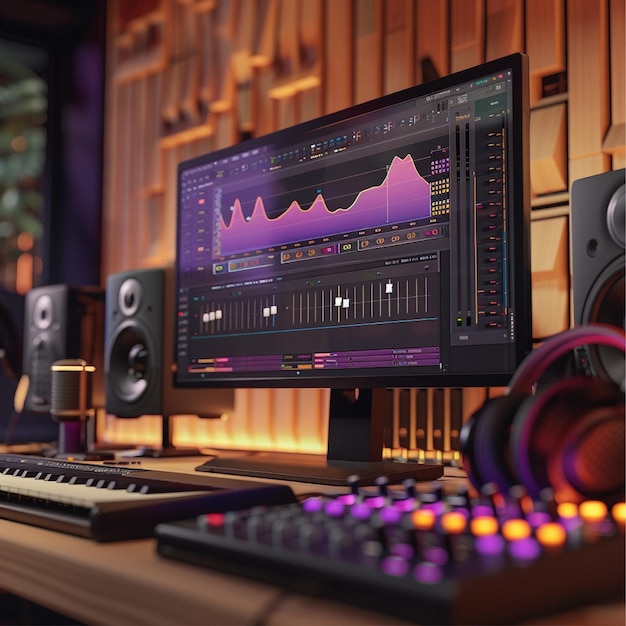 ecrã mostrando equalizador roxo em um estúdio de gravação