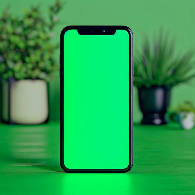 Ecrã verde do smartphone em câmera lenta com um fundo de chave cromada Tecnologia de telefone celular do smartphone