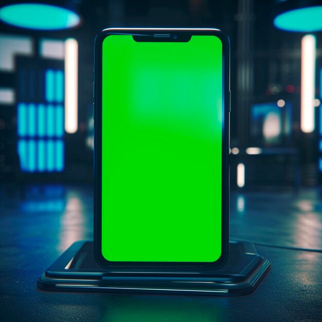 Foto ecrã verde do smartphone em câmera lenta com um fundo de chave cromada tecnologia de telefone celular do smartphone