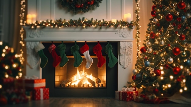 Ecrã vertical em close-up em lareira decorada com meias ao lado de uma árvore de Natal verde e R