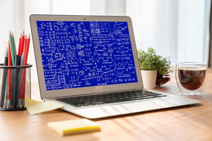 Foto ecuaciones matemáticas y fórmulas modernas en la pantalla de la computadora que muestran el concepto de ciencia y educación