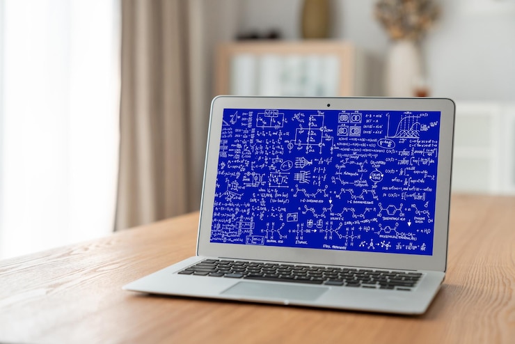 Foto ecuaciones matemáticas y fórmulas modernas en la pantalla de la computadora que muestran el concepto de ciencia y educación
