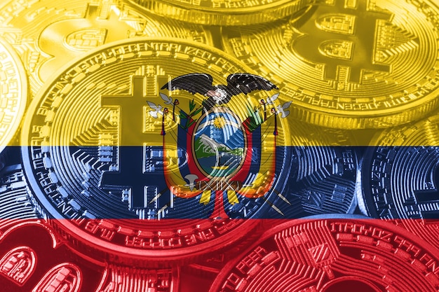 Ecuador bandera de bitcoin, bandera nacional concepto de criptomoneda fondo negro