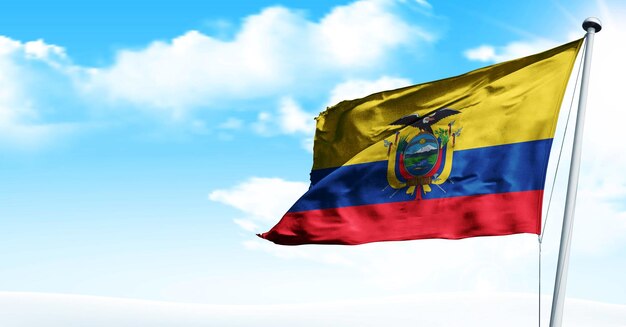 Ecuador schwenkt 3D-Render Flagge, auf blauem Himmelshintergrund. - Bild