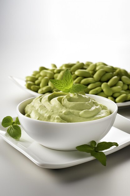 edamame humus en el cuenco blanco en el espacio de copia de la mesa blanca