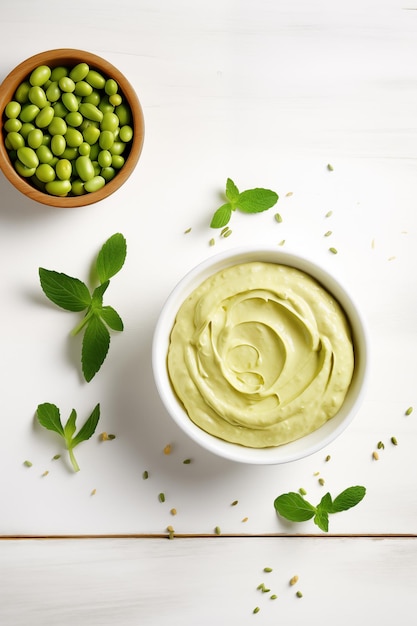 Foto edamame humus y frijoles en el fondo blanco de la mesa plana