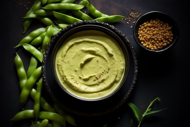 Edamame humus y frijoles en el fondo de la mesa negra colocado plano