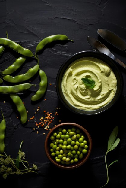 Foto edamame humus y frijoles en el fondo de la mesa negra colocado plano