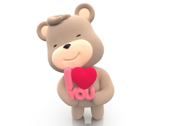 Eddy Bear hält den Satz Ich liebe dich in englischer Sprache und schreibt 3D Render