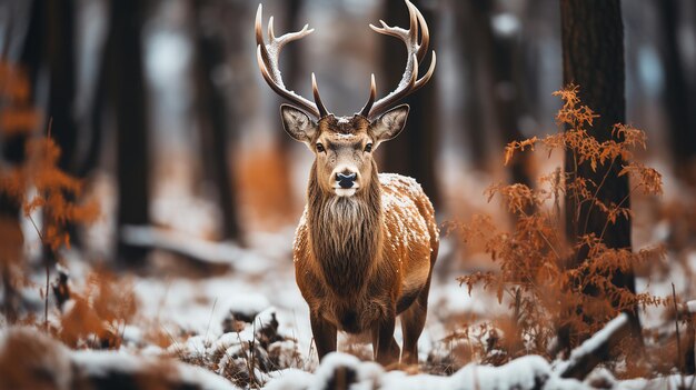 Edelhirsch-Männchen im Winter Schnee Wald Foto generative ai