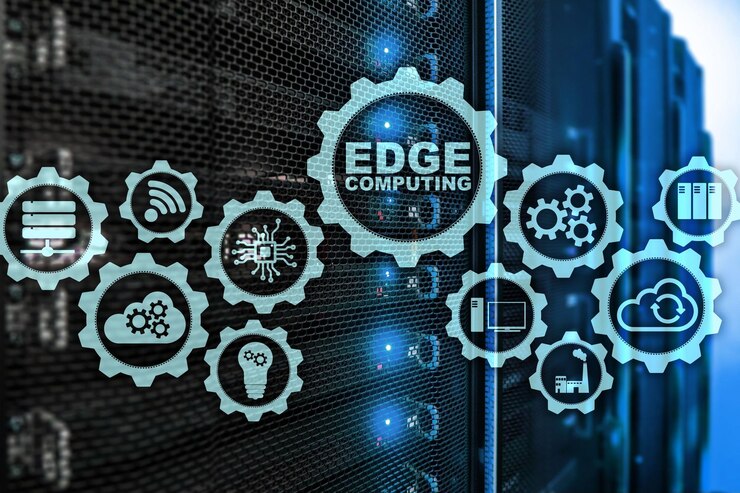 EDGE COMPUTING en el contexto de la sala de servidores moderna Tecnología de la información y concepto de negocio para servicios de computación distribuida intensivos en recursos