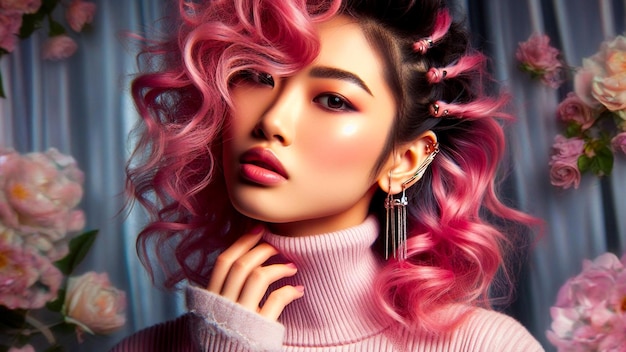 Edgy pink penteado floral fundo beleza contemporânea editorial