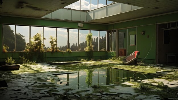 Edifício abandonado assustadoramente realista com piscina verde no estilo Terragen