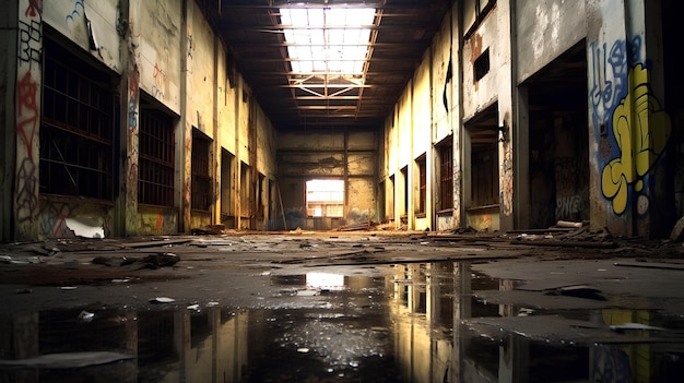 Un edificio abandonado con un charco en él