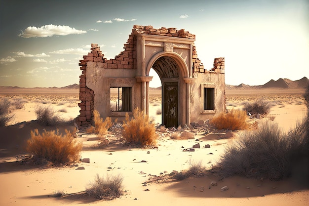 Edificio abandonado del desierto con puerta de piedra en ruinas