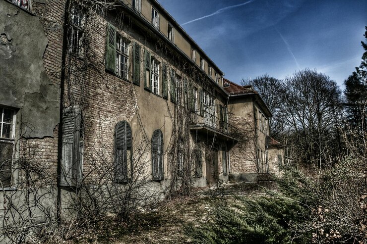 Foto edifício abandonado em um campo contra um céu nublado