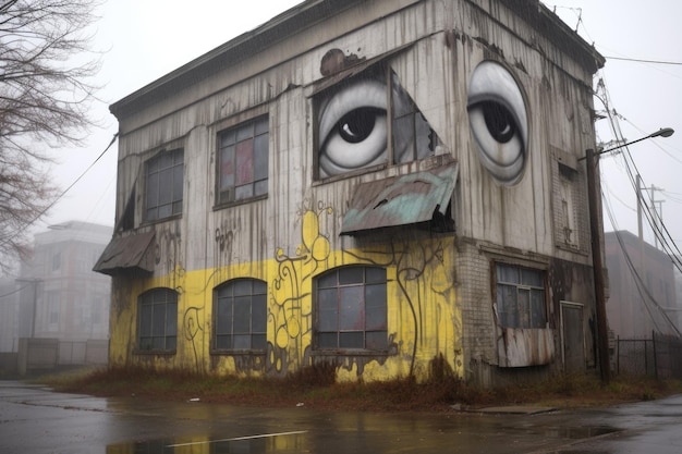 Un edificio abandonado envuelto con ventanas que se asemejan a ojos creados con IA generativa